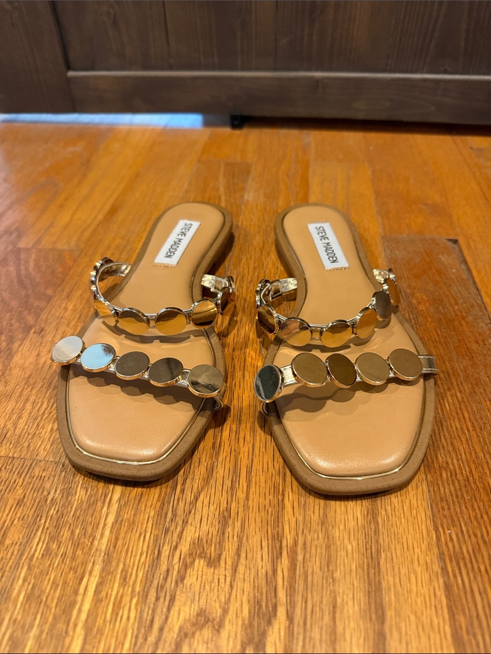 Steve Madden Beige Slide Sandals with Gold Discs